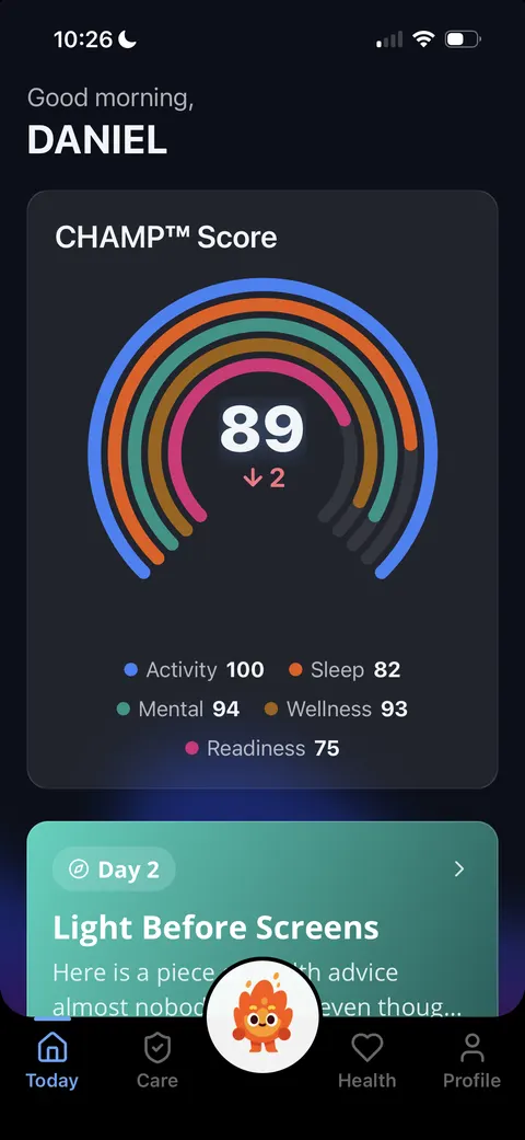 Today & CHAMP Score screen from the CHAMP app