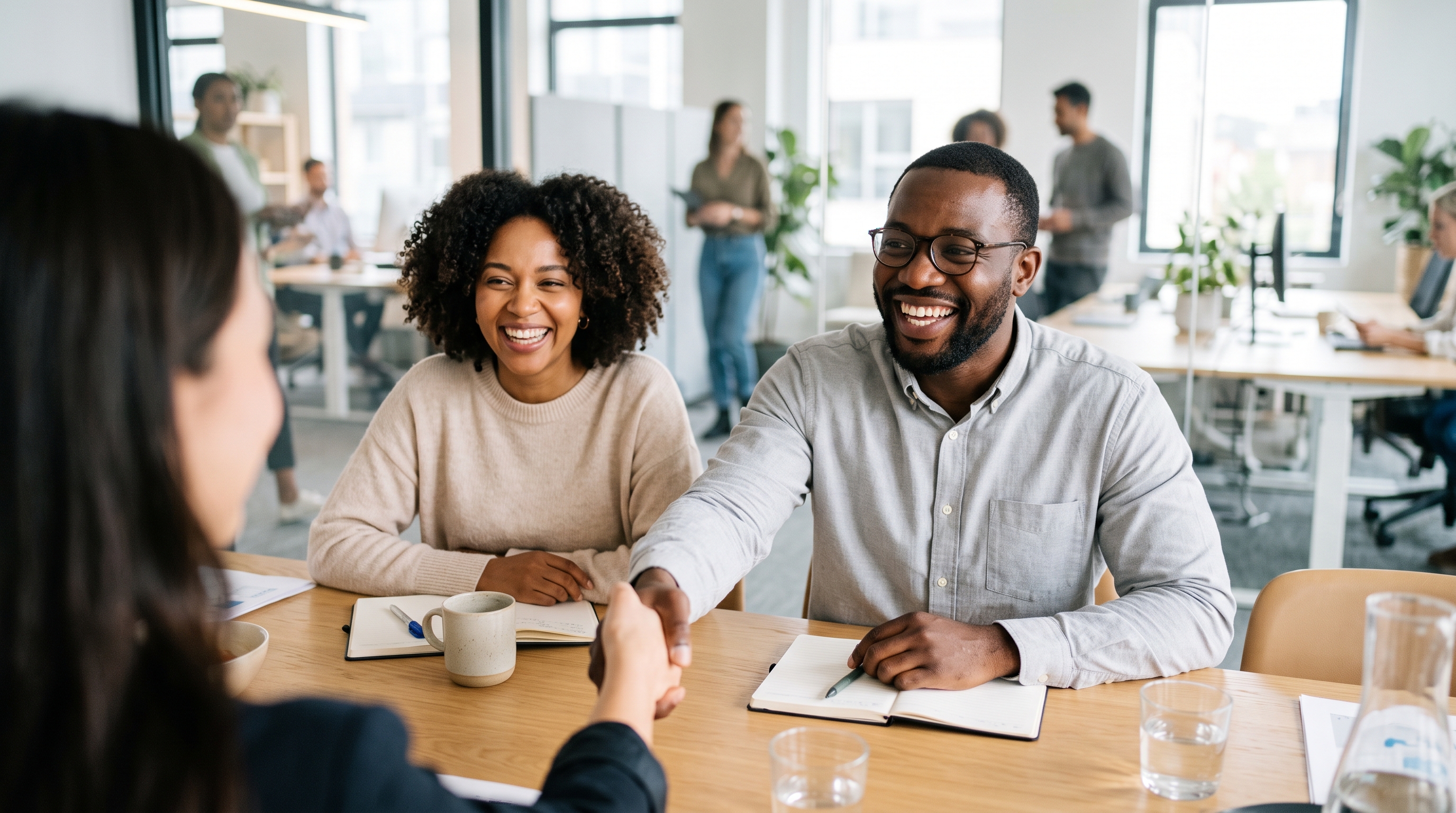 Professionals smiling and shaking hands across a meeting table